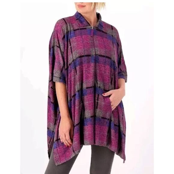 STAN HERMAN XS Purple Plaid Super Soft Luxe Knit Half Zip Poncho Pockets - Picture 2 of 8
